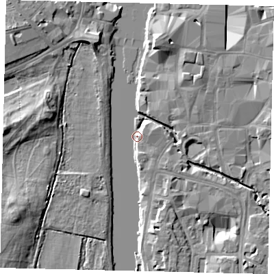 Shaded relief map of the ground around KT11HG, computed from Environment Agency LiDAR. The ground here sits at about 6 m above sea level and falls 9 m across the surrounding 800 m. Surface water reaching this point runs off ground lying to the north, 7.9 m higher.