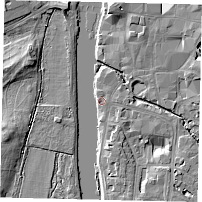 Shaded relief map of the ground around KT11HH, computed from Environment Agency LiDAR. The ground here sits at about 7 m above sea level and falls 9 m across the surrounding 800 m. Surface water reaching this point runs off ground lying to the north, 7.9 m higher.