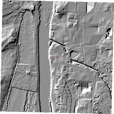 Shaded relief map of the ground around KT11HL, computed from Environment Agency LiDAR. The ground here sits at about 7 m above sea level and falls 10 m across the surrounding 800 m. Surface water reaching this point runs off ground lying to the south-south-east, 3.1 m higher.