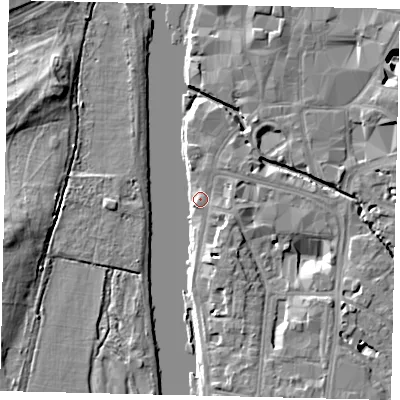 Shaded relief map of the ground around KT11HN, computed from Environment Agency LiDAR. The ground here sits at about 7 m above sea level and falls 10 m across the surrounding 800 m. Surface water reaching this point runs off ground lying to the north-north-east, 5.7 m higher.