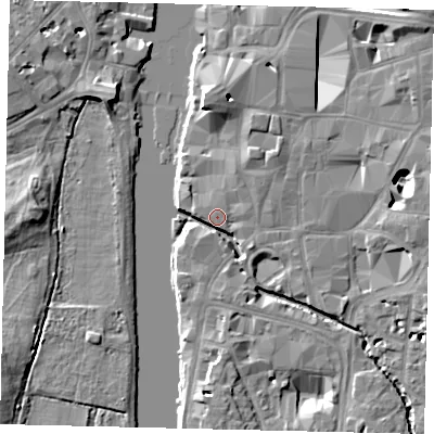 Shaded relief map of the ground around KT11HR, computed from Environment Agency LiDAR. The ground here sits at about 7 m above sea level and falls 10 m across the surrounding 800 m. Surface water reaching this point runs off ground lying to the north-east, 4.7 m higher.
