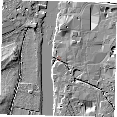Shaded relief map of the ground around KT11HT, computed from Environment Agency LiDAR. The ground here sits at about 7 m above sea level and falls 10 m across the surrounding 800 m. Surface water reaching this point runs off ground lying to the north-east, 5.7 m higher.