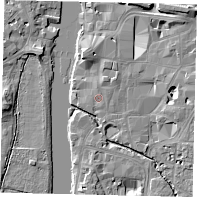 Shaded relief map of the ground around KT11HU, computed from Environment Agency LiDAR. The ground here sits at about 8 m above sea level and falls 11 m across the surrounding 800 m. Surface water reaching this point runs off ground lying to the north-north-east, 0.8 m higher.