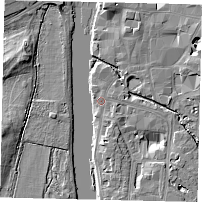 Shaded relief map of the ground around KT11HW, computed from Environment Agency LiDAR. The ground here sits at about 7 m above sea level and falls 10 m across the surrounding 800 m. Surface water reaching this point runs off ground lying to the south-east, 2.0 m higher.