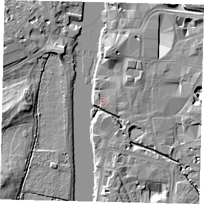Shaded relief map of the ground around KT11HX, computed from Environment Agency LiDAR. The ground here sits at about 7 m above sea level and falls 10 m across the surrounding 800 m. Surface water reaching this point runs off ground lying to the north-west, 1.0 m higher.