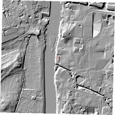 Shaded relief map of the ground around KT11HY, computed from Environment Agency LiDAR. The ground here sits at about 7 m above sea level and falls 9 m across the surrounding 800 m. Surface water reaching this point runs off ground lying to the north-north-east, 7.2 m higher.