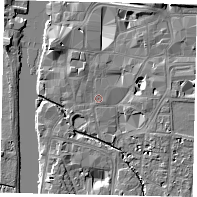 Shaded relief map of the ground around KT11HZ, computed from Environment Agency LiDAR. The ground here sits at about 8 m above sea level and falls 11 m across the surrounding 800 m. Surface water reaching this point runs off ground lying to the north-north-west, 1.8 m higher.