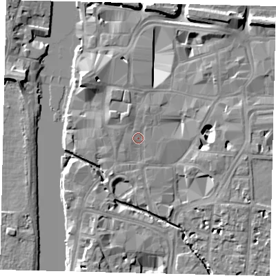 Shaded relief map of the ground around KT11JB, computed from Environment Agency LiDAR. The ground here sits at about 8 m above sea level and falls 11 m across the surrounding 800 m. Surface water reaching this point runs off ground lying to the north-north-west, 1.6 m higher.