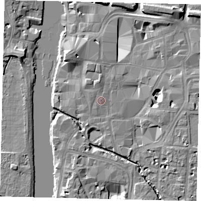 Shaded relief map of the ground around KT11JD, computed from Environment Agency LiDAR. The ground here sits at about 8 m above sea level and falls 11 m across the surrounding 800 m. Surface water reaching this point runs off ground lying to the north-north-west, 0.6 m higher.