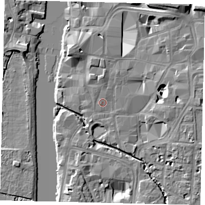 Shaded relief map of the ground around KT11JE, computed from Environment Agency LiDAR. The ground here sits at about 8 m above sea level and falls 11 m across the surrounding 800 m. Surface water reaching this point runs off ground lying to the north, 0.8 m higher.