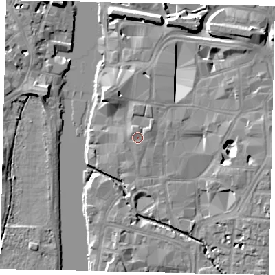 Shaded relief map of the ground around KT11JP, computed from Environment Agency LiDAR. The ground here sits at about 8 m above sea level and falls 11 m across the surrounding 800 m. Surface water reaching this point runs off ground lying to the north-north-west, 1.2 m higher.