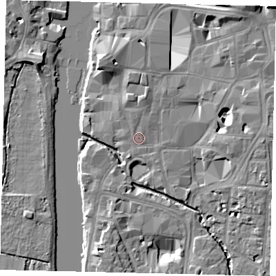 Shaded relief map of the ground around KT11JQ, computed from Environment Agency LiDAR. The ground here sits at about 8 m above sea level and falls 10 m across the surrounding 800 m. Surface water reaching this point runs off ground lying to the north, 2.1 m higher.
