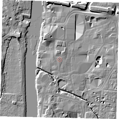 Shaded relief map of the ground around KT11JS, computed from Environment Agency LiDAR. The ground here sits at about 8 m above sea level and falls 11 m across the surrounding 800 m. Surface water reaching this point runs off ground lying to the north-north-west, 1.1 m higher.