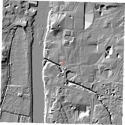 Shaded relief map of the ground around KT11JT, computed from Environment Agency LiDAR. The ground here sits at about 7 m above sea level and falls 10 m across the surrounding 800 m. Surface water reaching this point runs off ground lying to the north-north-east, 2.7 m higher.