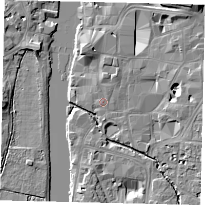 Shaded relief map of the ground around KT11JX, computed from Environment Agency LiDAR. The ground here sits at about 8 m above sea level and falls 10 m across the surrounding 800 m. Surface water reaching this point runs off ground lying to the north-north-east, 2.1 m higher.