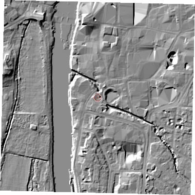 Shaded relief map of the ground around KT11LB, computed from Environment Agency LiDAR. The ground here sits at about 7 m above sea level and falls 10 m across the surrounding 800 m. Surface water reaching this point runs off ground lying to the south, 3.1 m higher.