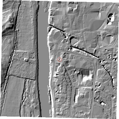 Shaded relief map of the ground around KT11LF, computed from Environment Agency LiDAR. The ground here sits at about 8 m above sea level and falls 9 m across the surrounding 800 m. Surface water reaching this point runs off ground lying to the east-south-east, 1.6 m higher.