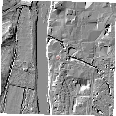Shaded relief map of the ground around KT11LL, computed from Environment Agency LiDAR. The ground here sits at about 7 m above sea level and falls 10 m across the surrounding 800 m. Surface water reaching this point runs off ground lying to the south-south-east, 2.0 m higher.