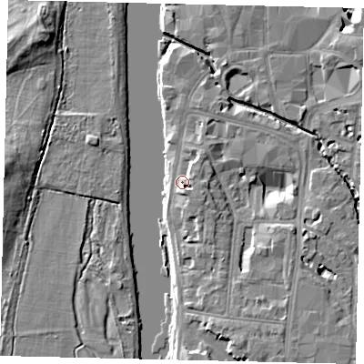 Shaded relief map of the ground around KT11LQ, computed from Environment Agency LiDAR. The ground here sits at about 8 m above sea level and falls 9 m across the surrounding 800 m. Surface water reaching this point runs off ground lying to the south-east, 2.8 m higher.