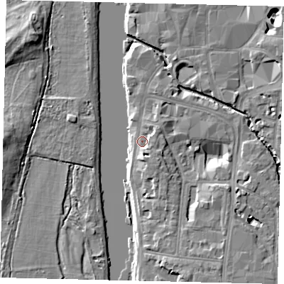 Shaded relief map of the ground around KT11LY, computed from Environment Agency LiDAR. The ground here sits at about 7 m above sea level and falls 9 m across the surrounding 800 m. Surface water reaching this point runs off ground lying to the south-south-east, 2.8 m higher.