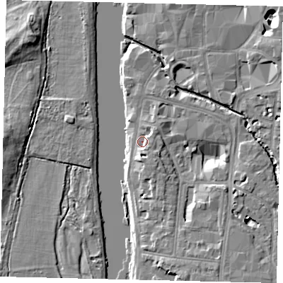 Shaded relief map of the ground around KT11NA, computed from Environment Agency LiDAR. The ground here sits at about 7 m above sea level and falls 9 m across the surrounding 800 m. Surface water reaching this point runs off ground lying to the south-south-east, 2.8 m higher.
