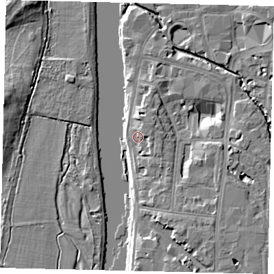 Shaded relief map of the ground around KT11NB, computed from Environment Agency LiDAR. The ground here sits at about 8 m above sea level and falls 8 m across the surrounding 800 m. Surface water reaching this point runs off ground lying to the north-east, 2.3 m higher.
