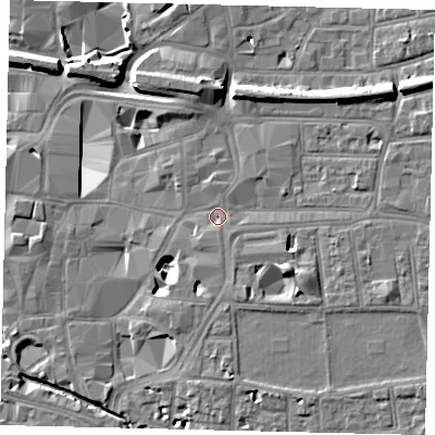 Shaded relief map of the ground around KT11NN, computed from Environment Agency LiDAR. The ground here sits at about 8 m above sea level and falls 11 m across the surrounding 800 m. Surface water reaching this point runs off ground lying to the south-east, 5.4 m higher.
