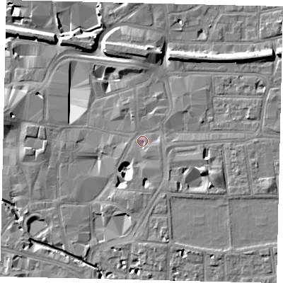 Shaded relief map of the ground around KT11NP, computed from Environment Agency LiDAR. The ground here sits at about 8 m above sea level and falls 11 m across the surrounding 800 m. Surface water reaching this point runs off ground lying to the east-south-east, 5.4 m higher.