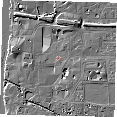 Shaded relief map of the ground around KT11NR, computed from Environment Agency LiDAR. The ground here sits at about 8 m above sea level and falls 11 m across the surrounding 800 m. Surface water reaching this point runs off ground lying to the east-south-east, 5.4 m higher.