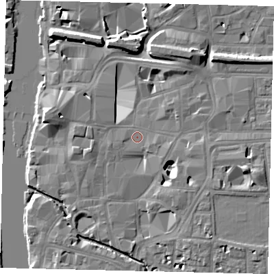 Shaded relief map of the ground around KT11NU, computed from Environment Agency LiDAR. The ground here sits at about 7 m above sea level and falls 11 m across the surrounding 800 m. Surface water reaching this point runs off ground lying to the east-south-east, 2.7 m higher.