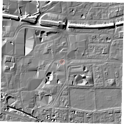 Shaded relief map of the ground around KT11NW, computed from Environment Agency LiDAR. The ground here sits at about 8 m above sea level and falls 11 m across the surrounding 800 m. Surface water reaching this point runs off ground lying to the south-east, 5.4 m higher.