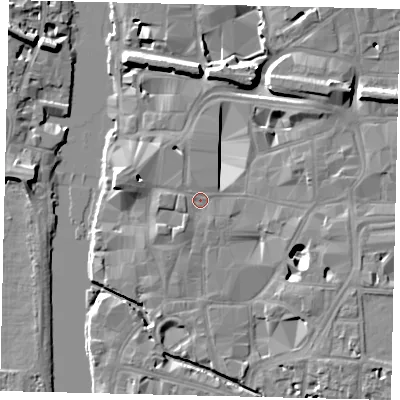 Shaded relief map of the ground around KT11NY, computed from Environment Agency LiDAR. The ground here sits at about 8 m above sea level and falls 11 m across the surrounding 800 m. Surface water reaching this point runs off ground lying to the south-south-west, 1.6 m higher.