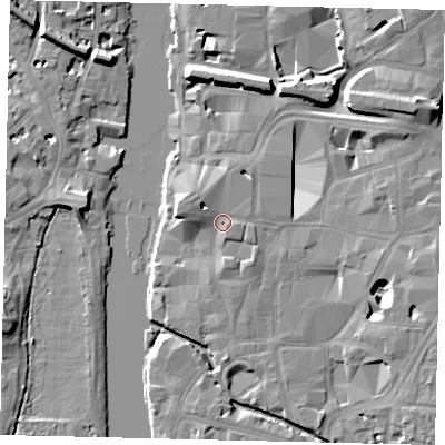 Shaded relief map of the ground around KT11PB, computed from Environment Agency LiDAR. The ground here sits at about 9 m above sea level and falls 11 m across the surrounding 800 m. Surface water reaching this point runs off ground lying to the west-north-west, 5.7 m higher.