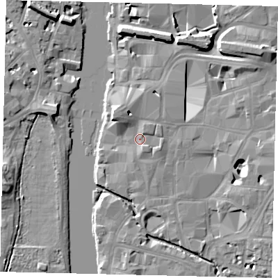 Shaded relief map of the ground around KT11PE, computed from Environment Agency LiDAR. The ground here sits at about 8 m above sea level and falls 11 m across the surrounding 800 m. Surface water reaching this point runs off ground lying to the north-west, 6.3 m higher.