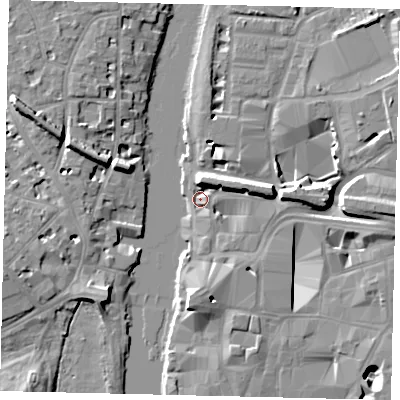 Shaded relief map of the ground around KT11PL, computed from Environment Agency LiDAR. The ground here sits at about 6 m above sea level and falls 11 m across the surrounding 800 m. Surface water reaching this point runs off ground lying to the north, 7.0 m higher.