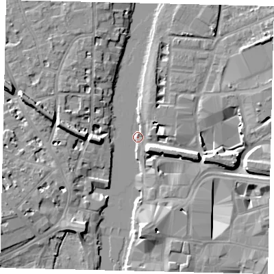 Shaded relief map of the ground around KT11PS, computed from Environment Agency LiDAR. The ground here sits at about 6 m above sea level and falls 10 m across the surrounding 800 m. Surface water reaching this point runs off ground lying to the south-east, 8.6 m higher.