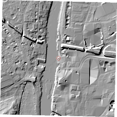 Shaded relief map of the ground around KT11PX, computed from Environment Agency LiDAR. The ground here sits at about 5 m above sea level and falls 11 m across the surrounding 800 m. Surface water reaching this point runs off ground lying to the south-west, 6.0 m higher.