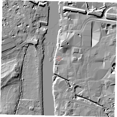 Shaded relief map of the ground around KT11PY, computed from Environment Agency LiDAR. The ground here sits at about 7 m above sea level and falls 10 m across the surrounding 800 m. Surface water reaching this point runs off ground lying to the north-north-east, 6.5 m higher.