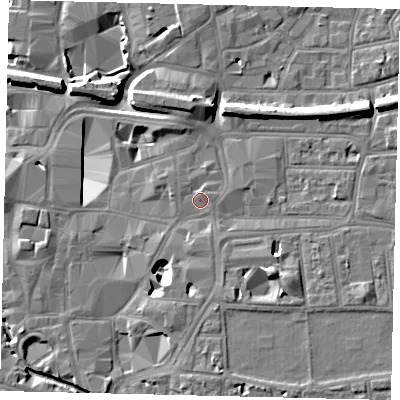Shaded relief map of the ground around KT11QL, computed from Environment Agency LiDAR. The ground here sits at about 8 m above sea level and falls 11 m across the surrounding 800 m. Surface water reaching this point runs off ground lying to the north, 1.2 m higher.