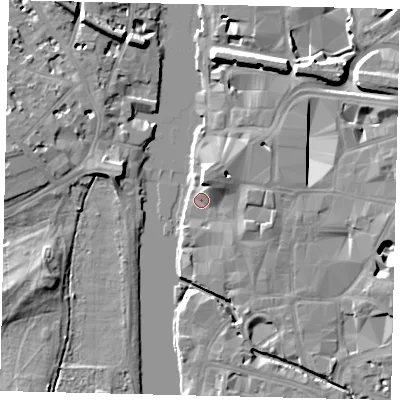 Shaded relief map of the ground around KT11QN, computed from Environment Agency LiDAR. The ground here sits at about 7 m above sea level and falls 11 m across the surrounding 800 m. Surface water reaching this point runs off ground lying to the north-east, 4.5 m higher.