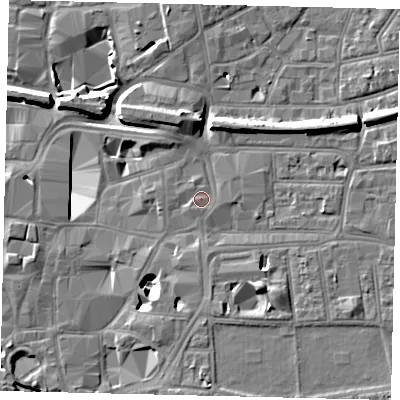 Shaded relief map of the ground around KT11QT, computed from Environment Agency LiDAR. The ground here sits at about 9 m above sea level and falls 11 m across the surrounding 800 m. Surface water reaching this point runs off ground lying to the east-south-east, 0.5 m higher.
