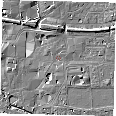 Shaded relief map of the ground around KT11QY, computed from Environment Agency LiDAR. The ground here sits at about 8 m above sea level and falls 11 m across the surrounding 800 m. Surface water reaching this point runs off ground lying to the south-east, 5.4 m higher.