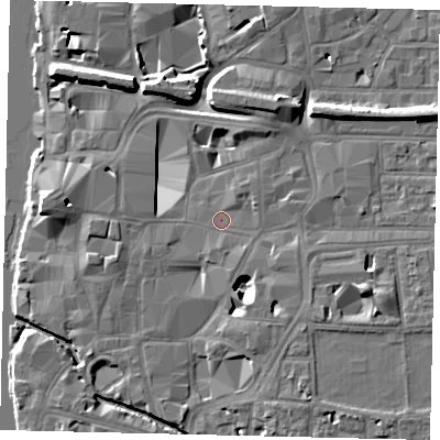 Shaded relief map of the ground around KT11RB, computed from Environment Agency LiDAR. The ground here sits at about 7 m above sea level and falls 11 m across the surrounding 800 m. Surface water reaching this point runs off ground lying to the east-south-east, 5.4 m higher.