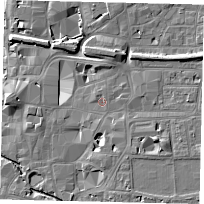 Shaded relief map of the ground around KT11RE, computed from Environment Agency LiDAR. The ground here sits at about 8 m above sea level and falls 11 m across the surrounding 800 m. Surface water reaching this point runs off ground lying to the north-east, 1.1 m higher.