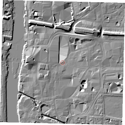 Shaded relief map of the ground around KT11RF, computed from Environment Agency LiDAR. The ground here sits at about 7 m above sea level and falls 11 m across the surrounding 800 m. Surface water reaching this point runs off ground lying to the east-south-east, 8.4 m higher.