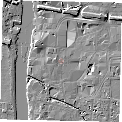 Shaded relief map of the ground around KT11RJ, computed from Environment Agency LiDAR. The ground here sits at about 8 m above sea level and falls 11 m across the surrounding 800 m. Surface water reaching this point runs off ground lying to the west, 1.3 m higher.