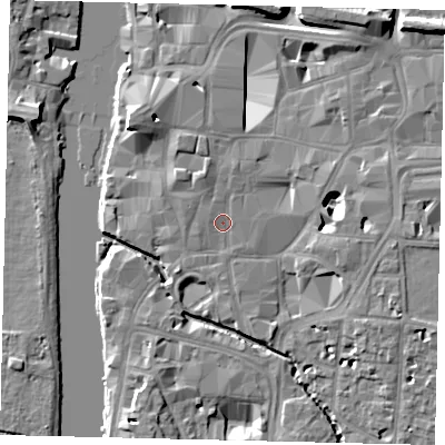 Shaded relief map of the ground around KT11RP, computed from Environment Agency LiDAR. The ground here sits at about 8 m above sea level and falls 11 m across the surrounding 800 m. Surface water reaching this point runs off ground lying to the north-north-west, 1.7 m higher.