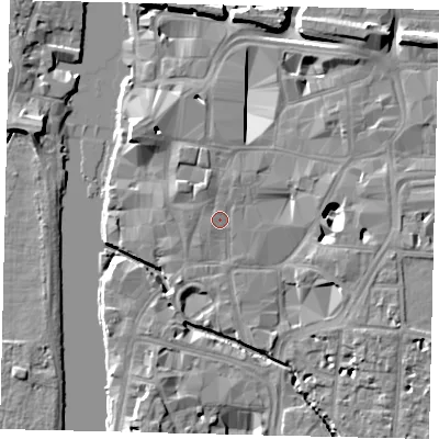 Shaded relief map of the ground around KT11RR, computed from Environment Agency LiDAR. The ground here sits at about 8 m above sea level and falls 11 m across the surrounding 800 m. Surface water reaching this point runs off ground lying to the north-north-west, 1.5 m higher.