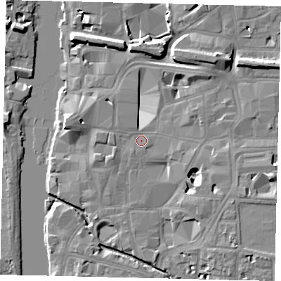Shaded relief map of the ground around KT11RS, computed from Environment Agency LiDAR. The ground here sits at about 7 m above sea level and falls 11 m across the surrounding 800 m. Surface water reaching this point runs off ground lying to the east-south-east, 5.6 m higher.
