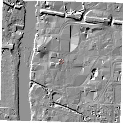 Shaded relief map of the ground around KT11RW, computed from Environment Agency LiDAR. The ground here sits at about 8 m above sea level and falls 11 m across the surrounding 800 m. Surface water reaching this point runs off ground lying to the south-west, 1.1 m higher.